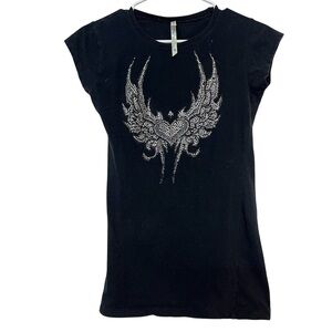 Exist Y2K Rhinestone Wing Heart Black Fitted Tee Women’s Medium Alt Grunge